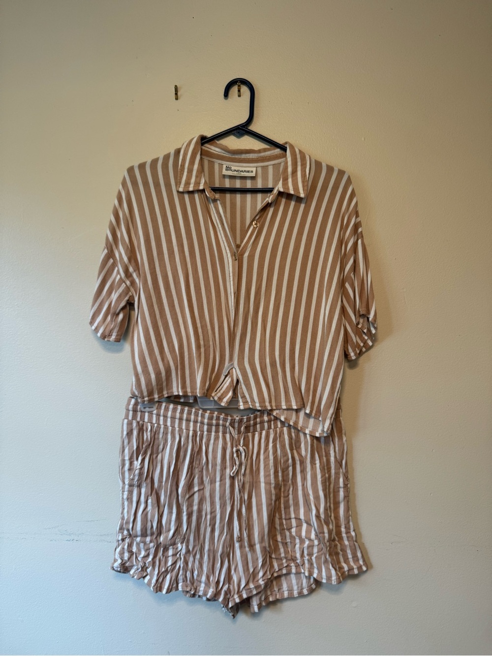 No Boundaries Cream and Tan Striped Button-Up Set